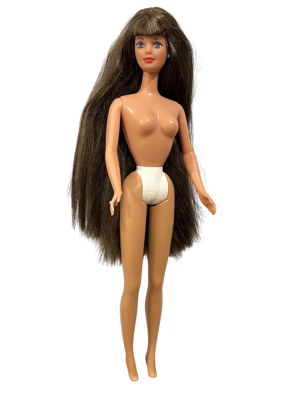 90’s Bead Blast Barbie Doll Brunette Blue Earrings & Ring Bob Mackie Face Naked